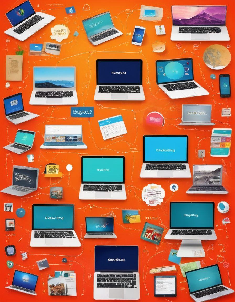 A dynamic collage showcasing the evolution of blogging, featuring iconic vintage web logs on one side transitioning into modern digital influencers on the other. Include a vibrant landscape of different devices like laptops, tablets, and smartphones displaying various blogs. Overhead, illustrated hashtags and social media icons float, representing the interconnectedness of ideas. The background should be lively and colorful, symbolizing creativity and impact in the blogosphere. digital art. vibrant colors. contemporary design.