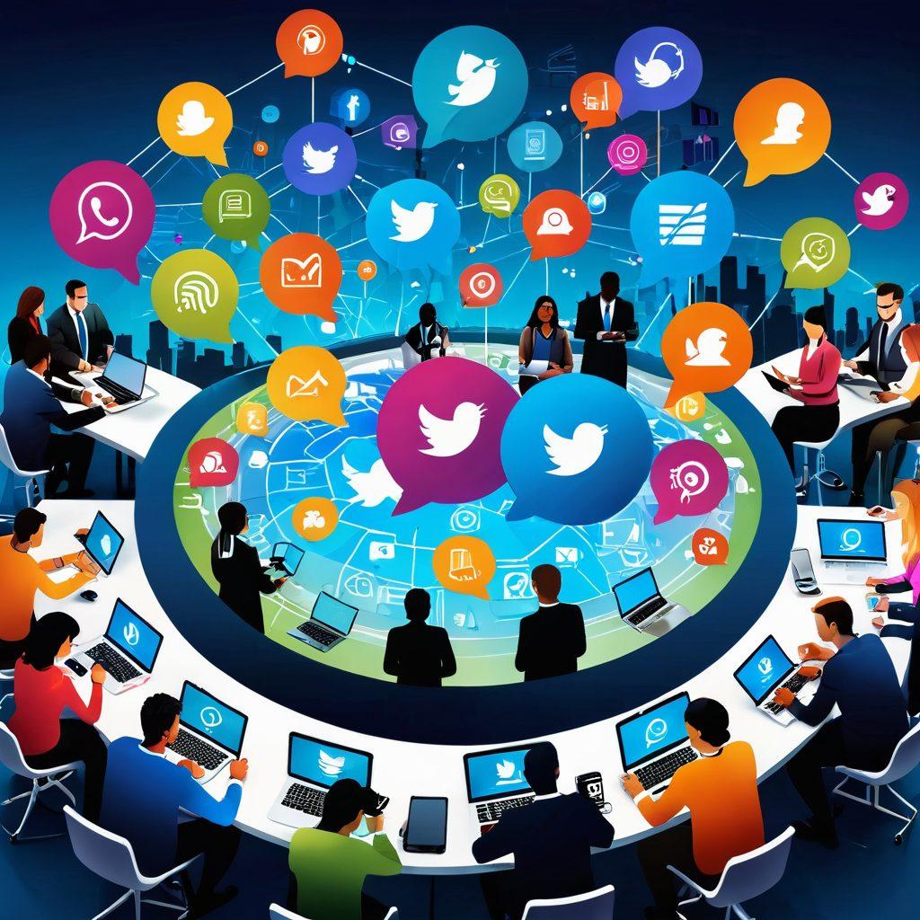 A bustling digital landscape with diverse people engaging on laptops and smartphones, showcasing vibrant social media icons floating above. A magnifying glass emphasizes analytics and growth charts, illustrating effective online marketing. In the background, a community of individuals collaboratively brainstorming in a modern workspace. Bright colors and dynamic elements create a lively atmosphere. super-realistic. vibrant colors.