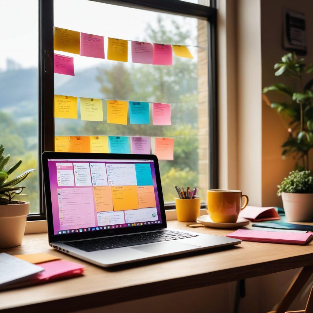 A laptop with a glowing screen displaying a vibrant blog dashboard, surrounded by colorful sticky notes filled with strategies and tips. Include a coffee cup steaming beside it and a cozy workspace with a large window showcasing a sunny, inspiring view. The atmosphere should radiate creativity and focus, embodying the essence of successful blogging. super-realistic. vibrant colors. cozy interior.
